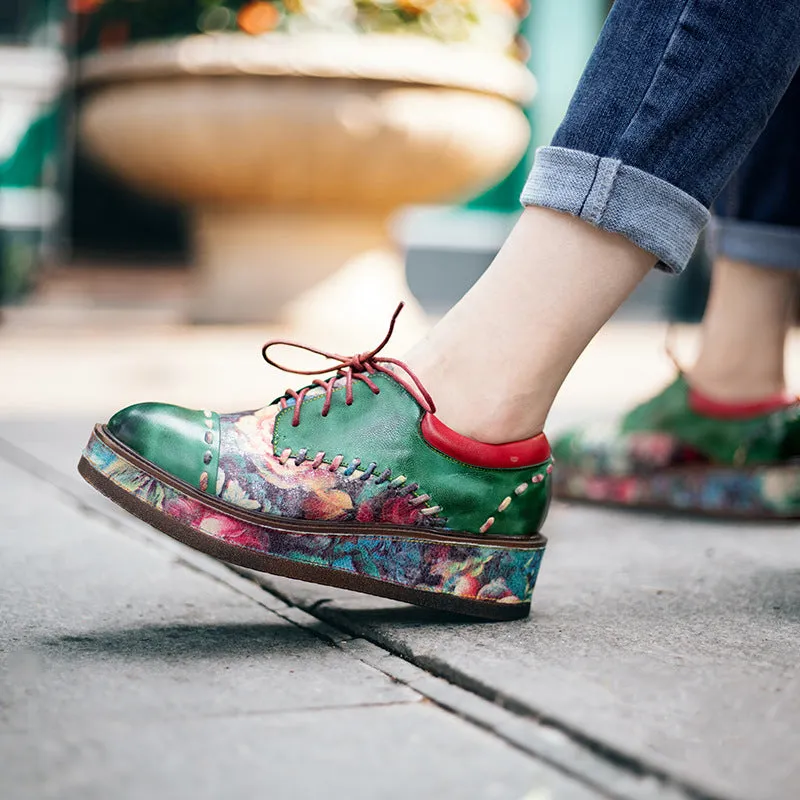 Vintage Muffin Heel Comfortable Print Round Head Low-top Leather Women's Shoes