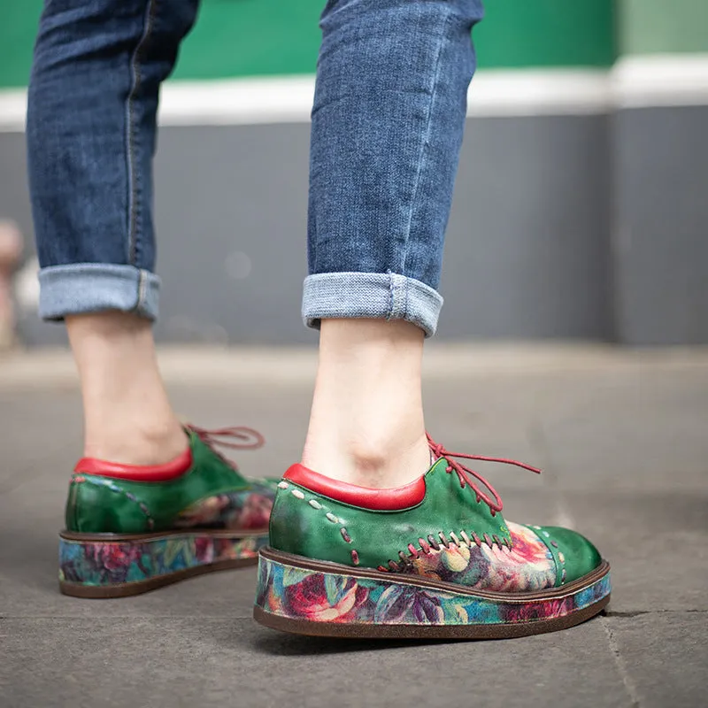 Vintage Muffin Heel Comfortable Print Round Head Low-top Leather Women's Shoes