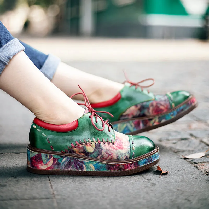 Vintage Muffin Heel Comfortable Print Round Head Low-top Leather Women's Shoes