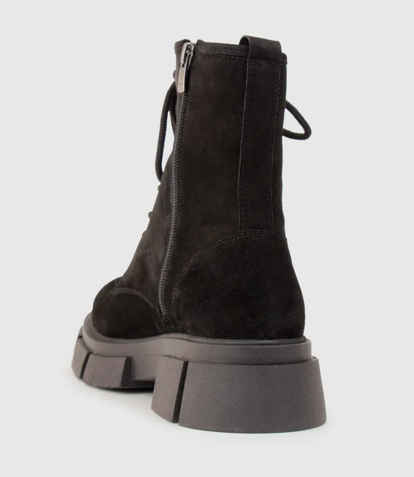 WOLFE Lace Up Boot on Chunky Sole in Black Suede