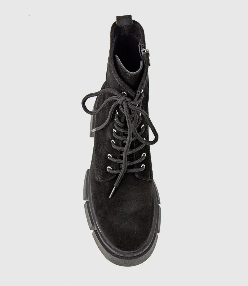 WOLFE Lace Up Boot on Chunky Sole in Black Suede
