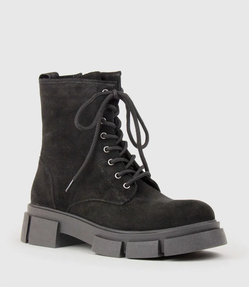 WOLFE Lace Up Boot on Chunky Sole in Black Suede